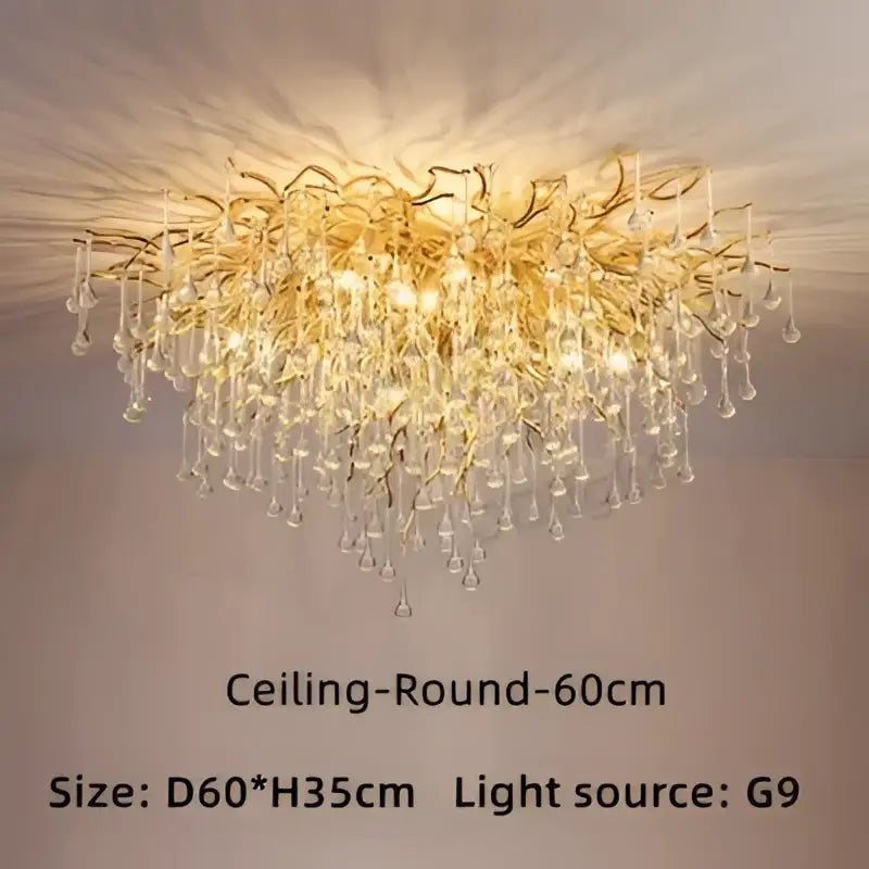 Modern gold branch crystal ceiling chandelier with dangling droplets for living room decorbites crystal ceiling light