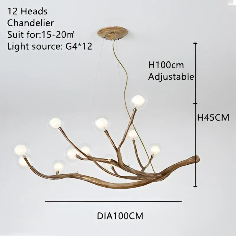 Modern gold branch glass bubble resin pendant light with 12 warm wood arms and clear glass globe lights for dining decorbites glass bubble