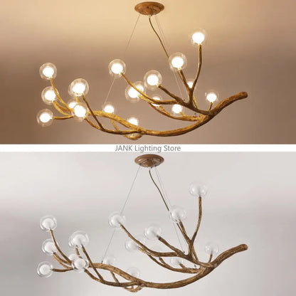 Modern gold branch glass bubble resin pendant light with clear globe bulbs for dining room decorbites glass bubble