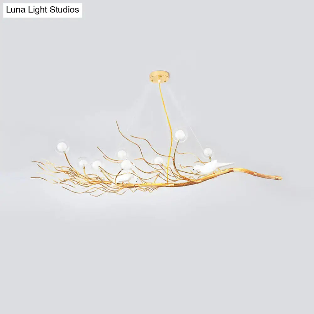 Decorbites modern gold branch pendant light with white bird figurines and spherical bulbs ideal for dining room lighting
