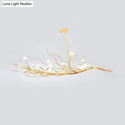 Decorbites modern gold branch pendant light with white bird figurines and spherical bulbs ideal for dining room lighting