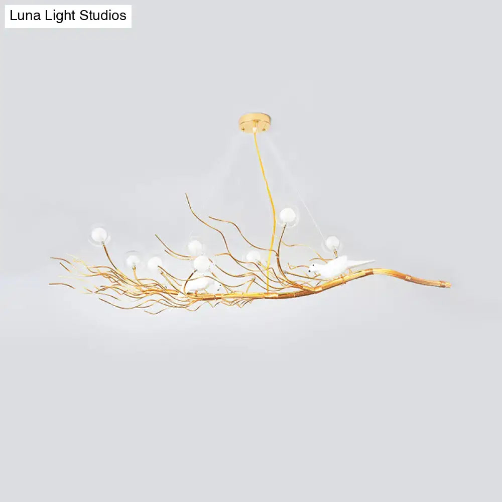 Golden branch-style chandelier with white birds and spherical lights modern gold branch pendant light for dining room