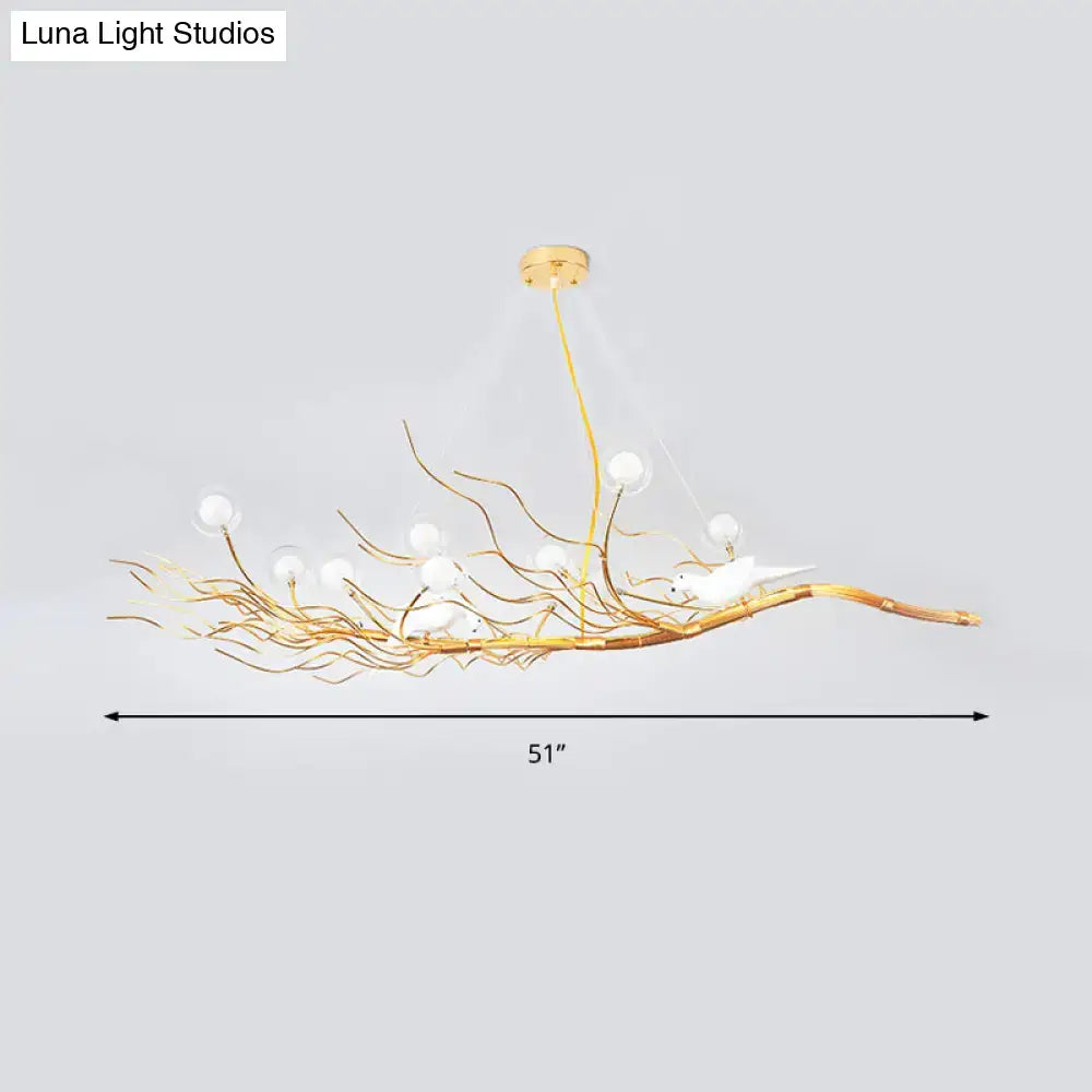 Decorbites modern gold branch pendant light with white bird accents and clear glass bulbs for dining room use