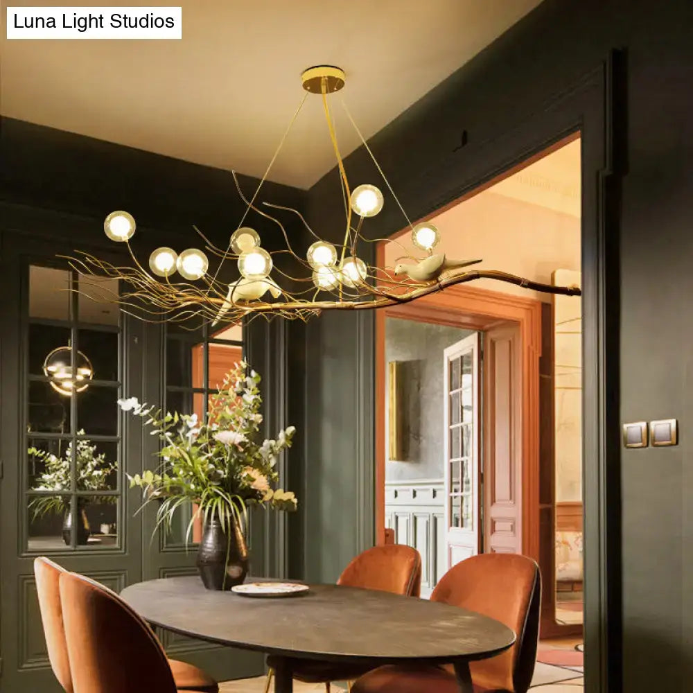 DecorBites™ modern gold branch pendant light with clear glass bulbs and bird figurine ideal for dining room lighting