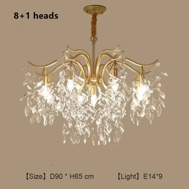 Modern gold branching decorbites crystal chandelier with eight illuminated crystal leaf pendants for living room use
