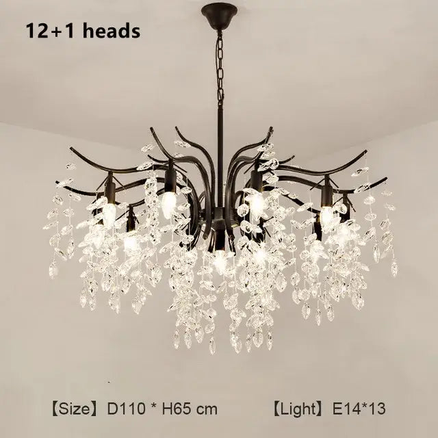 Modern gold branching decorbites crystal chandelier with black wrought iron and 12 crystal pendant heads for living room