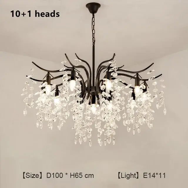 Black wrought iron decorbites crystal chandelier with 10 plus crystal pendant heads and dangling clear crystals for living room