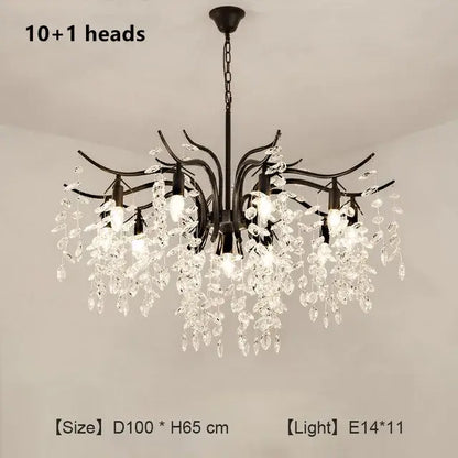 Black wrought iron decorbites crystal chandelier with 10 plus crystal pendant heads and dangling clear crystals for living room