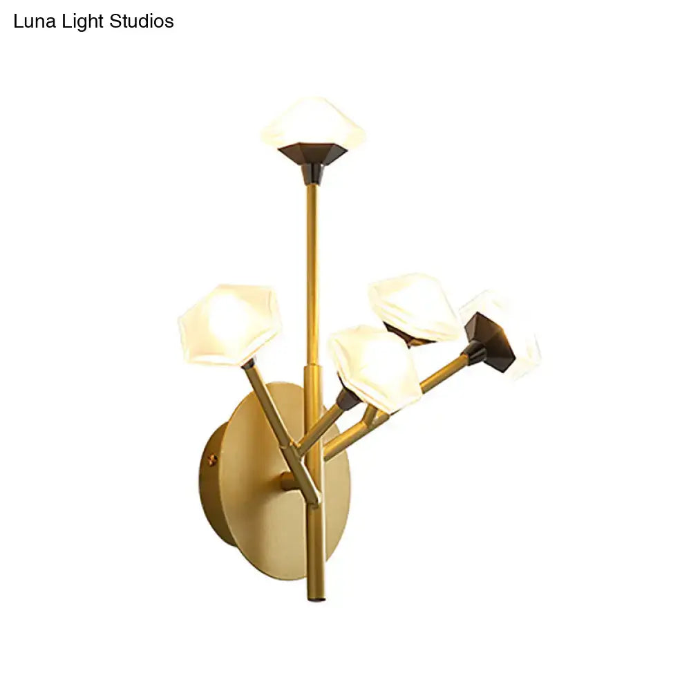 Modern gold branching wall sconce with acrylic shade featuring three geometric frosted glass wall lights for living room