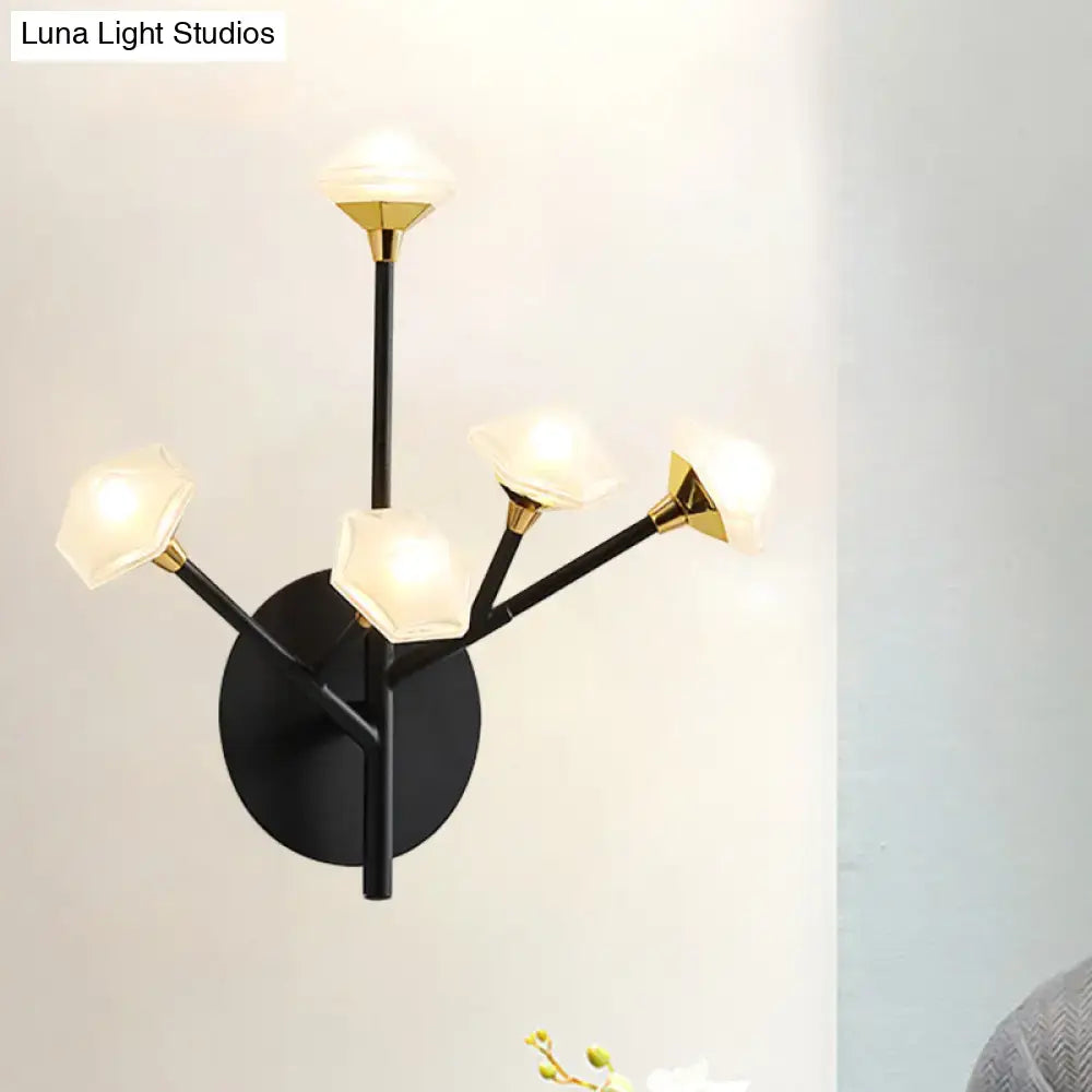 Modern black and gold wall sconce with five frosted acrylic shades for stylish living room wall light decor