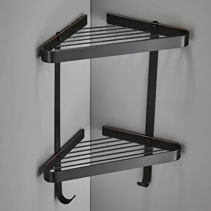 Black metal two-tier corner shelf with hooks for bathroom shower rack featuring brass bathroom shower accents decorbites brass bathroom