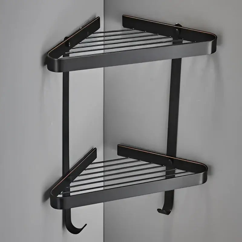 Black metal two-tier corner shelf with hooks for bathroom shower rack featuring brass bathroom shower accents decorbites brass bathroom