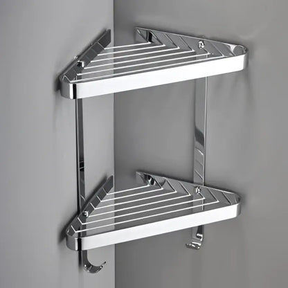 Modern gold brass bathroom shower rack with chrome finish triangular two-tier shelf and integrated hooks by decorbites brass bathroom