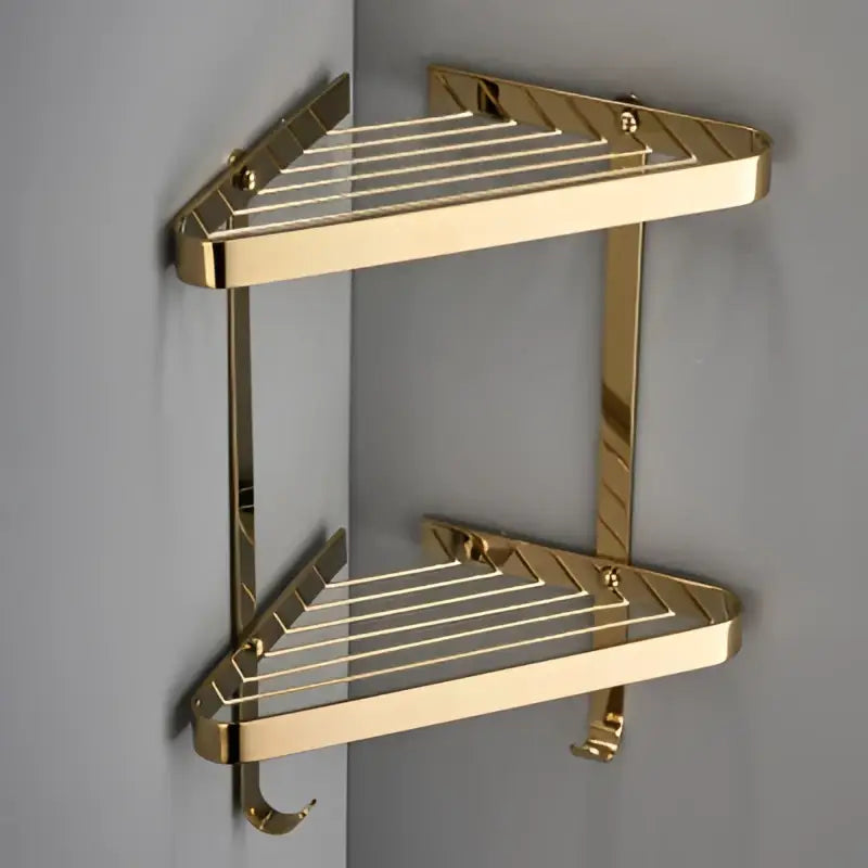 Modern gold brass bathroom shower rack with hooks features a double-tiered corner shelf with diagonal slat design