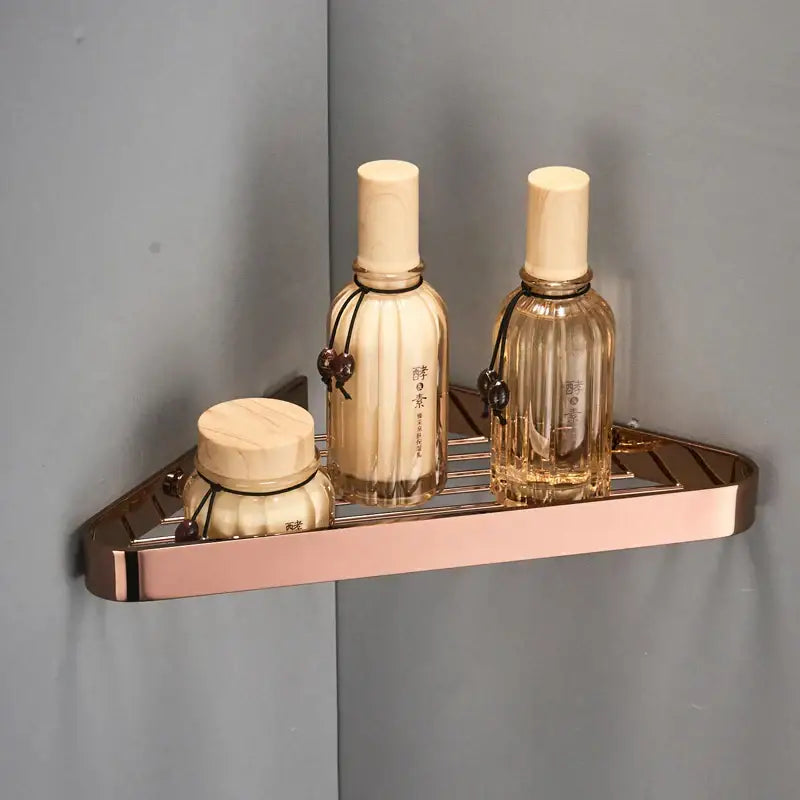 Rose gold brass bathroom shower rack with sleek modern design and grid metal surface for decorbites brass bathroom use