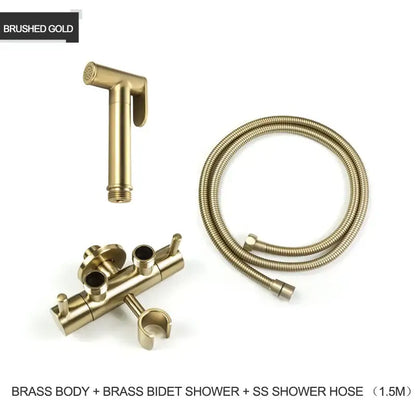 Modern gold brass bidet shower head with double valve and coiled stainless steel hose for bathroom use
