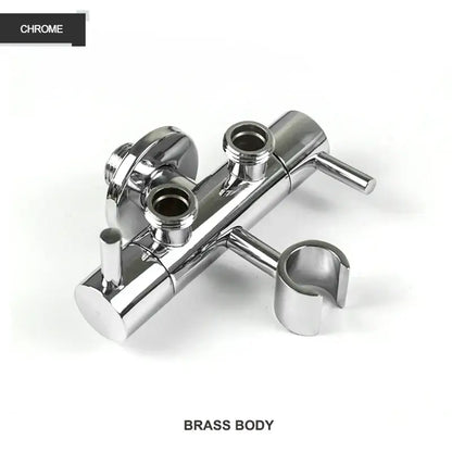 Modern gold brass bidet shower head with double valve and chrome-finished brass shower faucet assembly for bathroom use