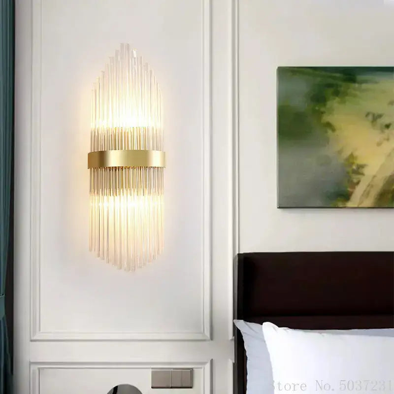 Modern gold brass crystal wall sconce with clear glass rods in a fan pattern perfect for bedroom decorbites crystal modern design