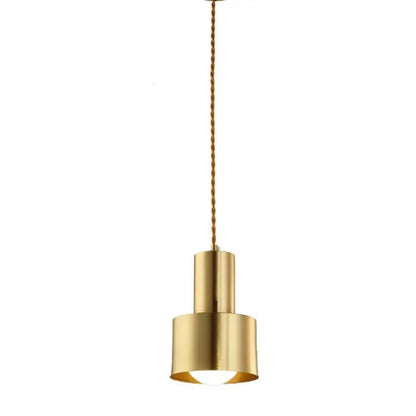 Modern gold brass trumpet pendant light with a cylindrical lamp and twisted cord suspension for bedroom decorbites brass trumpet