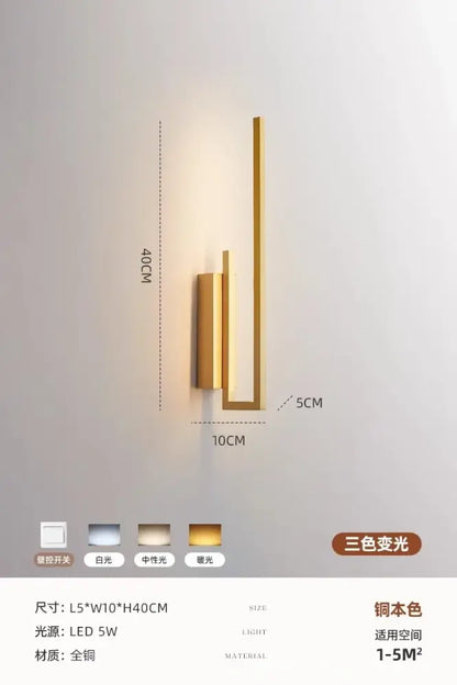 Modern gold brass wall light sconce with minimalist geometric design and led lighting for bedroom use