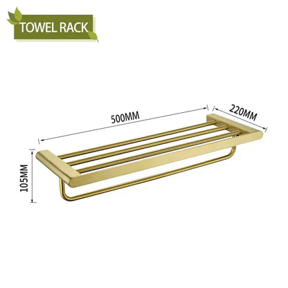 Modern gold brushed bathroom towel rack with three parallel bars and sleek metallic finish from decorbites bathroom accessories set