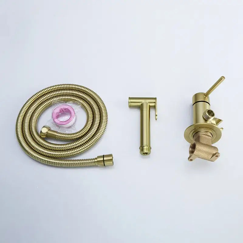 Modern gold brushed brass bidet sprayer set with rose gold and black handheld sprayer and flexible hose for bathroom use