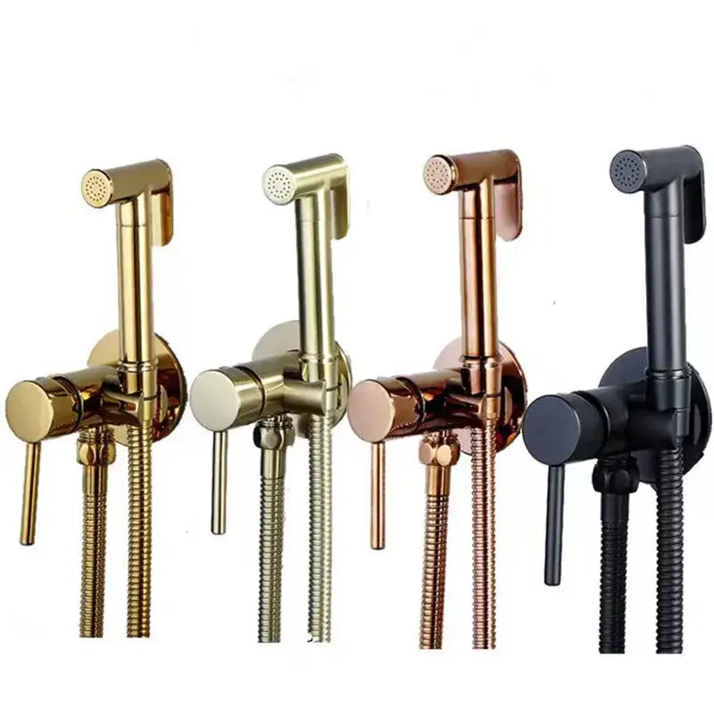 Four wall-mounted bidet sprayers in gold brushed brass rose gold and black with metallic bodies and flexible hoses