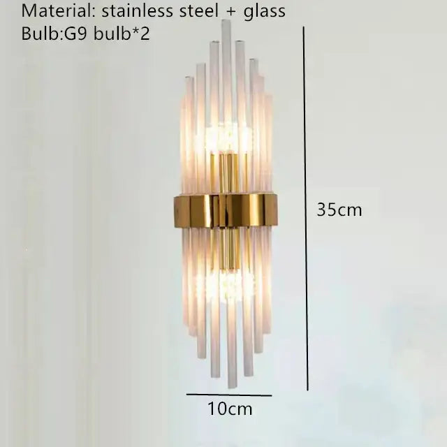 Modern gold and brushed steel glass rod wall lamp with vertical translucent rods and g9 bulbs for decorbites gold led lighting