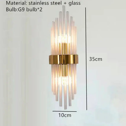 Modern gold and brushed steel glass rod wall lamp with vertical translucent rods and g9 bulbs for decorbites gold led lighting
