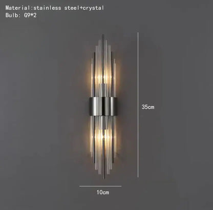 Modern gold and brushed steel wall lamp with sleek stainless steel frame and crystal rods for decorbites gold led living room