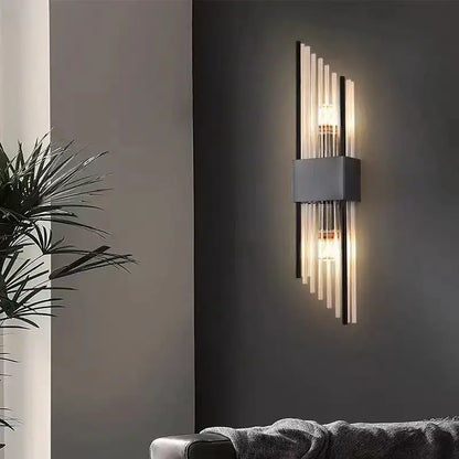 Modern gold and brushed steel wall lamp with sleek rectangular base and vertical glass rods for living room decorbites gold led