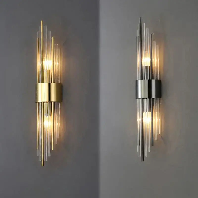 Modern gold and brushed steel glass rod wall lamp featuring a sleek vertical design for living room decorbites gold led wall lamp