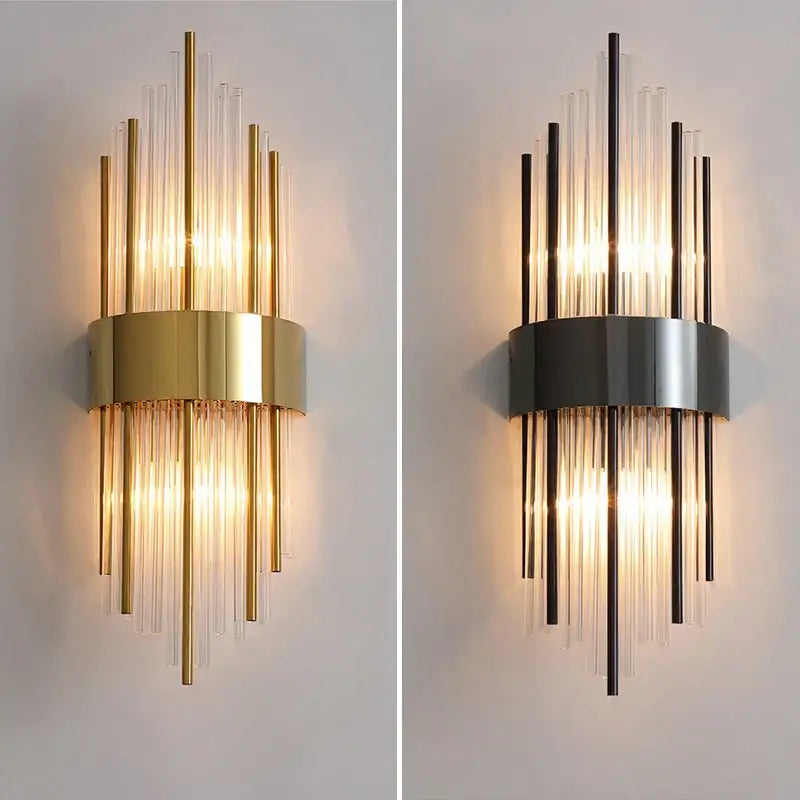 Modern gold and brushed steel wall lamp with circular base and vertical glass rods perfect for decorbites gold led decor