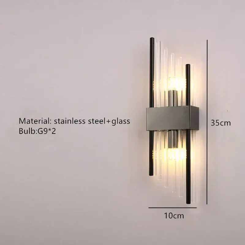 Modern gold and brushed steel wall lamp with clear glass rods and two g9 bulbs for living room decorbites gold led design