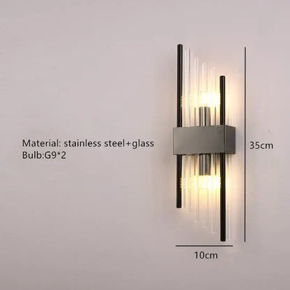 Modern gold and brushed steel wall lamp with clear glass rods and two g9 bulbs for living room decorbites gold led design