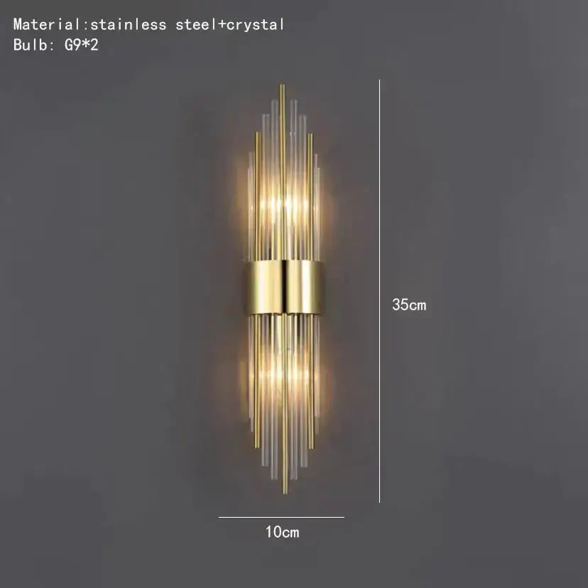 Modern gold led wall lamp with brushed steel and crystal rods featuring radiant vertical design for living room decorbites gold led