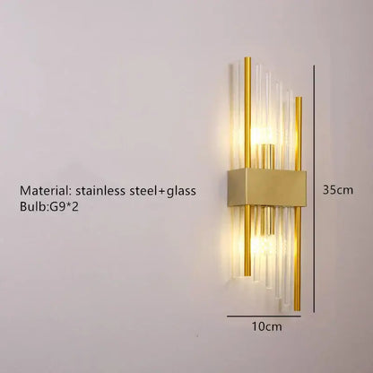 Modern gold led wall lamp with brushed steel glass rods and two g9 bulbs for elegant living room decorbites gold led lighting