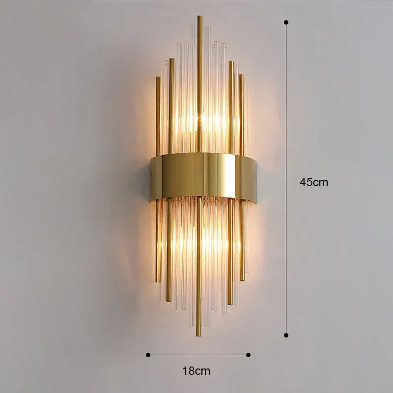 Modern gold and brushed steel wall lamp with clear glass rods radiating from central base for living room decorbites gold led