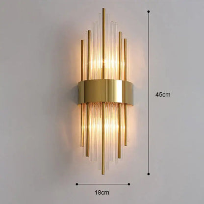 Modern gold and brushed steel wall lamp with clear glass rods radiating from central base for living room decorbites gold led
