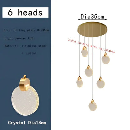 Modern gold bubble crystal ceiling pendant light with six textured white bubble crystal pendants on stainless steel