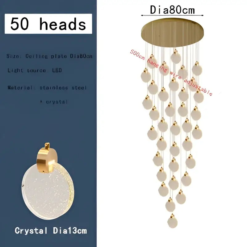 Modern gold bubble crystal ceiling pendant light with 50 textured crystal pendants on stainless steel plate for villa staircase decorbites bubble crystal