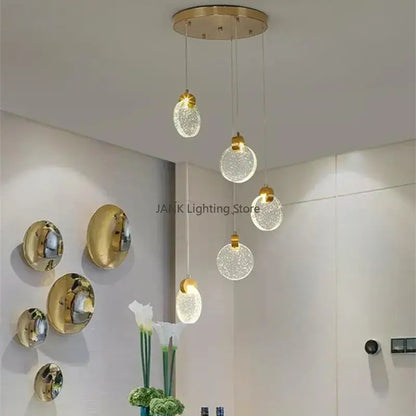 Modern gold bubble crystal pendant light with five clear textured glass globes for villa staircase decorbites bubble crystal ceiling