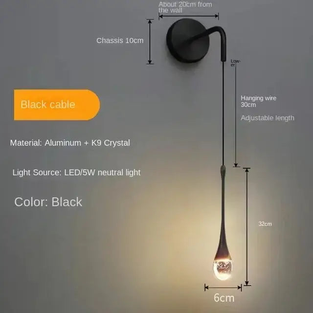 Black modern wall sconce with sleek aluminum and k9 crystal design and adjustable wire for decorbites bubble crystal pendant light