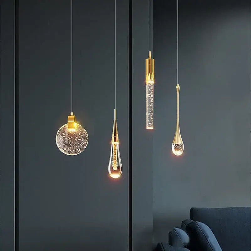 Modern gold bubble crystal chandelier dining room pendant light with gold-toned metal and clear glass bubble crystal shades