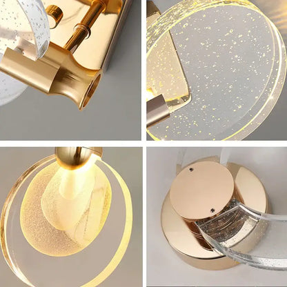 Modern gold bubble crystal pendant lights featuring gold-toned circular wall sconce with speckled glass shades