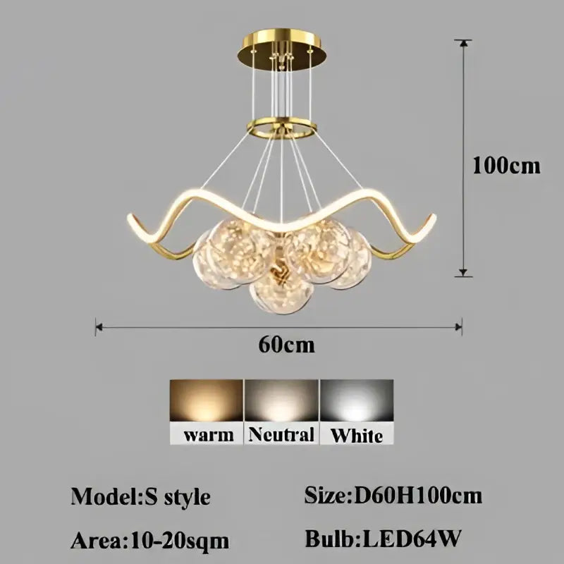 Modern gold bubble pendant chandelier with curved arms and crystal spheres in warm neutral or white lighting options by decorbites bubble pendant