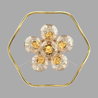 Modern gold bubble pendant chandelier with hexagonal frame and six clear glass globe bulbs for dining room decorbites bubble pendant