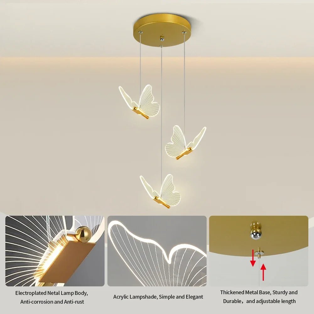Modern Gold Butterfly 3-Light Metal Pendant Light - Decorbites