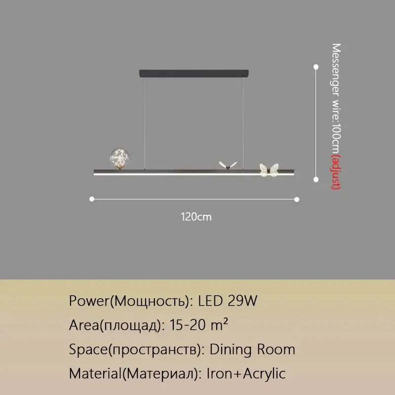 Modern black linear pendant lamp with crystal sphere and gold butterfly accents for decorbites butterfly chandelier design