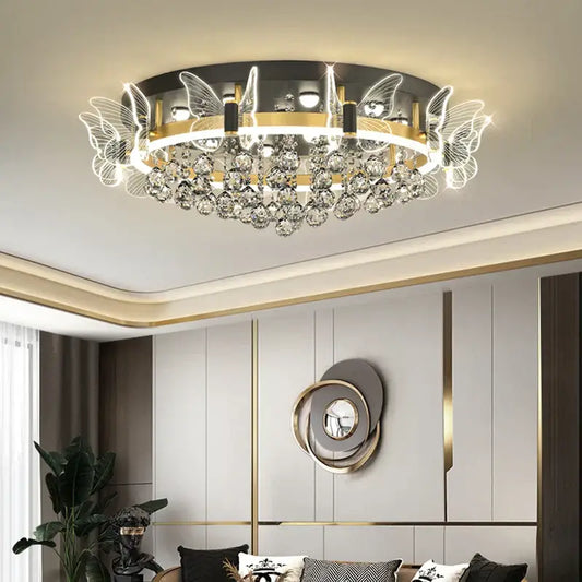 Modern gold ceiling light with butterfly-shaped led lights and crystal beads for bedroom decorbites elegant butterfly ceiling lamp